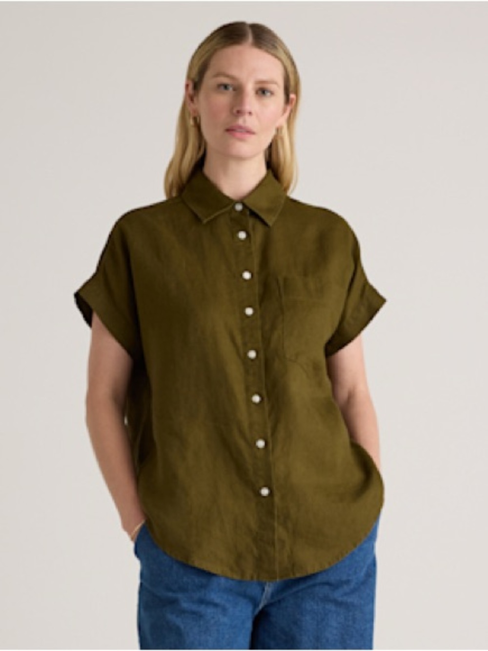 Quince Olive Green Short-Sleeve Button-Down Shirt